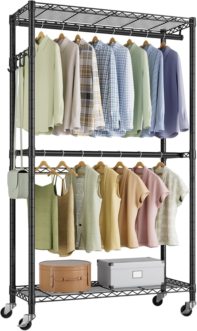 Heavy Duty Clothes Rack Rolling Garment Rack,2 Tier Adjustable Wire Shelving Clothing Racks for Hanging Clothes with Double Rods&Side Hooks,Freestanding Wardrobe Storage Rack Metal Portable Closet
