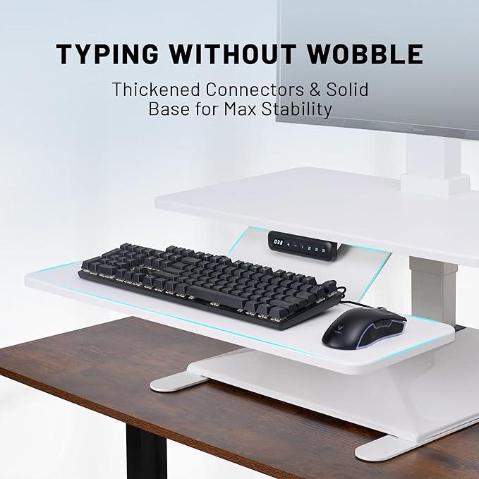 Electric Standing Desk Converter 28" Wide, Height Adjustable Desk Riser, Computer Workstation, Sit-Stand Convertor for Home, Office, School (White, 1 Arm Included)