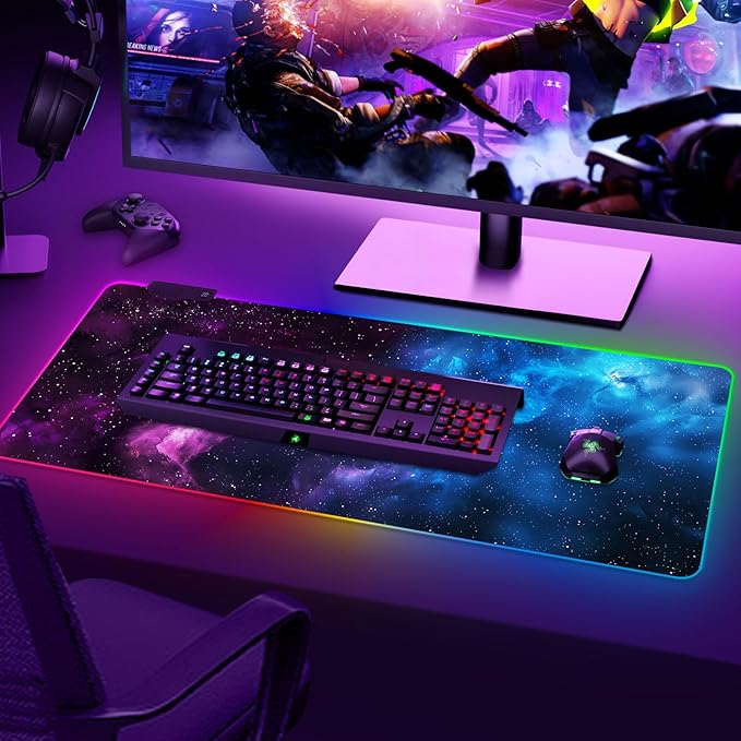 ARTSO RGB Mouse Pad Led,XXL Large Mouse Pad Purple Blue Starry Nebula, Big Mouse mat Computer Mousepad with 14 Light Modes, 35.4 x15.7 Inch Keyboard Mat