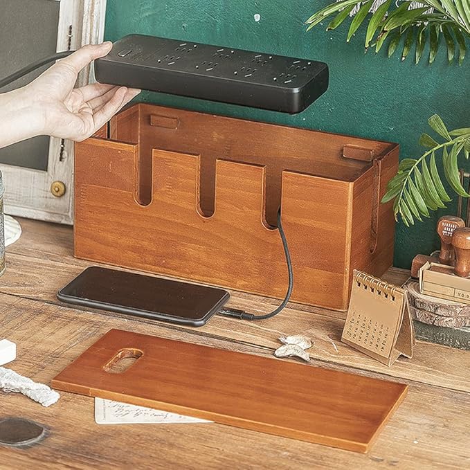 12 Inch Solid Wood Cable Management Box Cord Organizer for Desk Power Strip Router USB Hub Wire Storage Home Office