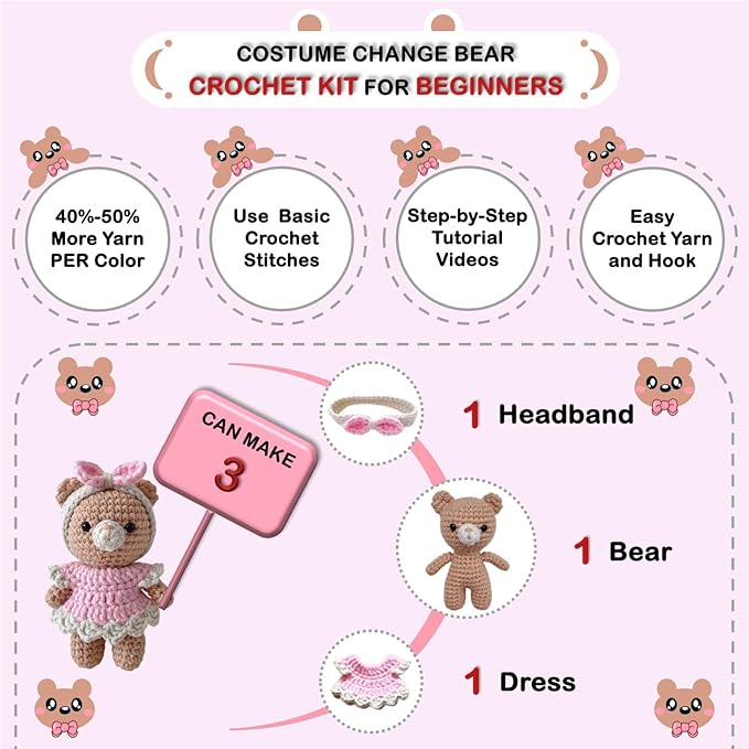 LoopMap Amigurumi Crochet Kit for Beginners with Removable Dress & Video Tutorials, DIY Bear Making Kit Includes Premium Yarn & Tools, Creative Gift for Adults Teens (Pink)