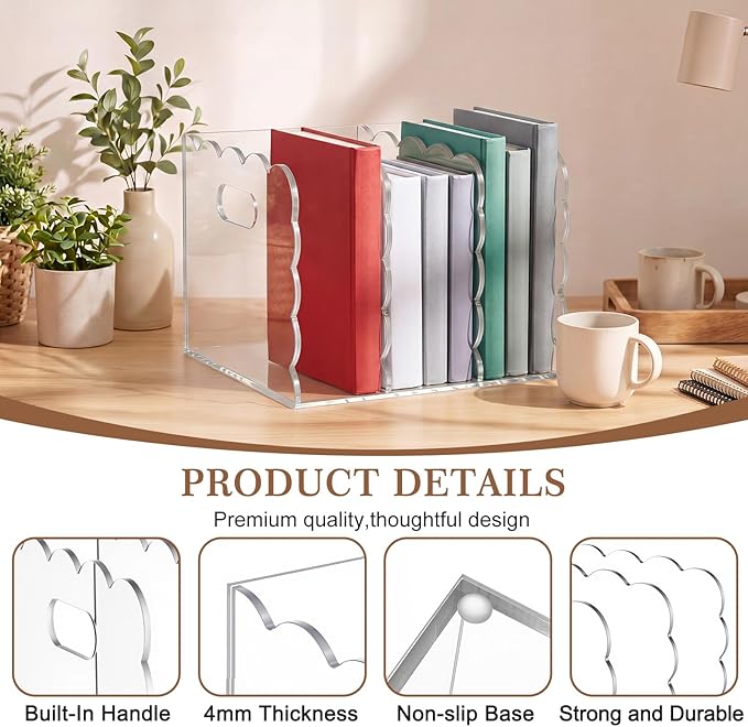 Suzile Scalloped Acrylic Magazine File Holder with Handle, 3-compartment Clear Desk Organizer Vertical Bookends Organization for Office, Binders, Documents, Magazines, Books(8.46 x 7.28 x 6.5 Inches)