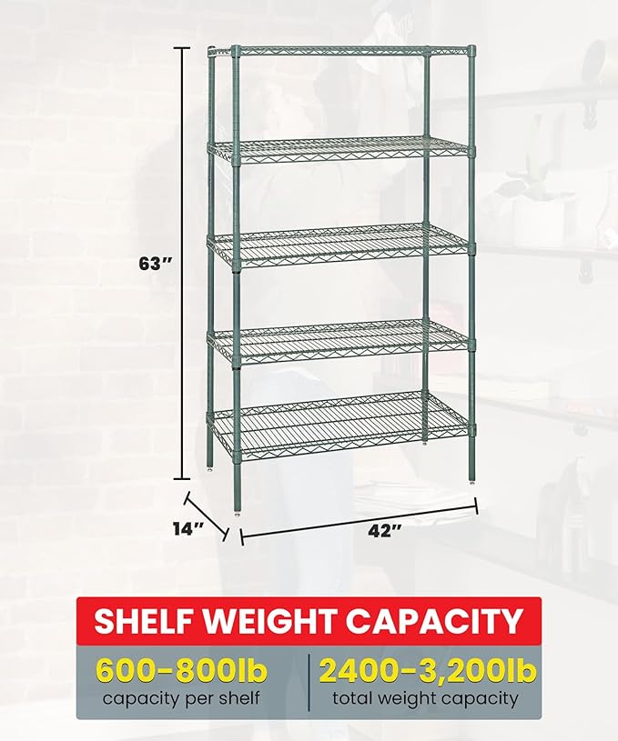 Quantum Storage Systems WR63-1442P-5 Wire Shelving Starter Kit, 42" W x 14" D x 63" H, 600 lbs Capacity, Carbon Steel, Epoxy Coated, Green, NSF