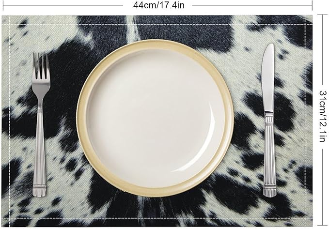 Cow Fur Placemats Farmhouse Western Farm Animal Skin Black White Cowhide Print Linen Washable Table Mats Stain Heat-Resistant Desktop Decor Place Mats for Home Kitchen Dining Party 12x18 in 6 Pcs