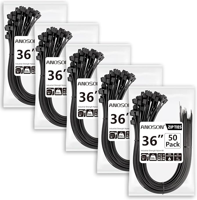 Large Zip Ties 36 inch (250 Pack), Long Zip Ties Heavy Duty with 250 lb Tensile Strength, Big Cable Ties, Black, by ANOSON
