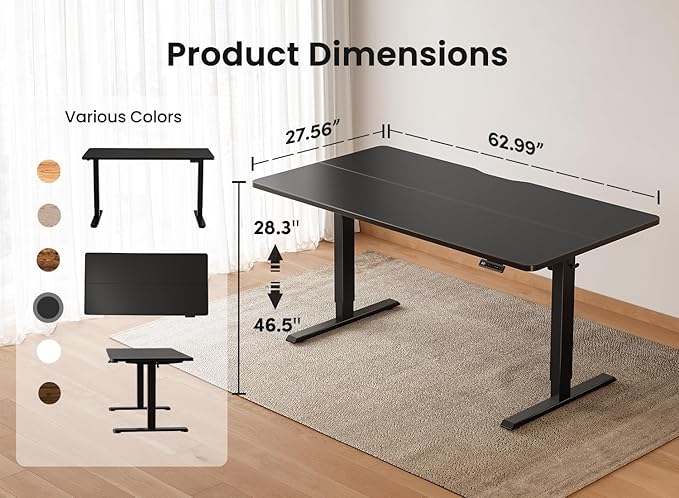 BANTI 63 × 28 Inches Standing Desk, Ergonomic, Electric Height Adjustable, Sit and Stand Up, Computer Desk with a Deeper Desktop, Black Frame/Black Top