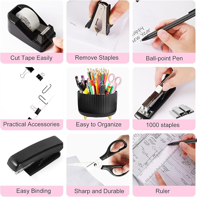 Gawsey Black Desk Organizers and Accessories Set with 360-Degree Rotating Pen Holder, Tape Dispenser, Stapler, Staple Remover, 1000 Staples, Tape, Clips Set, Ruler, Scissor, Pen
