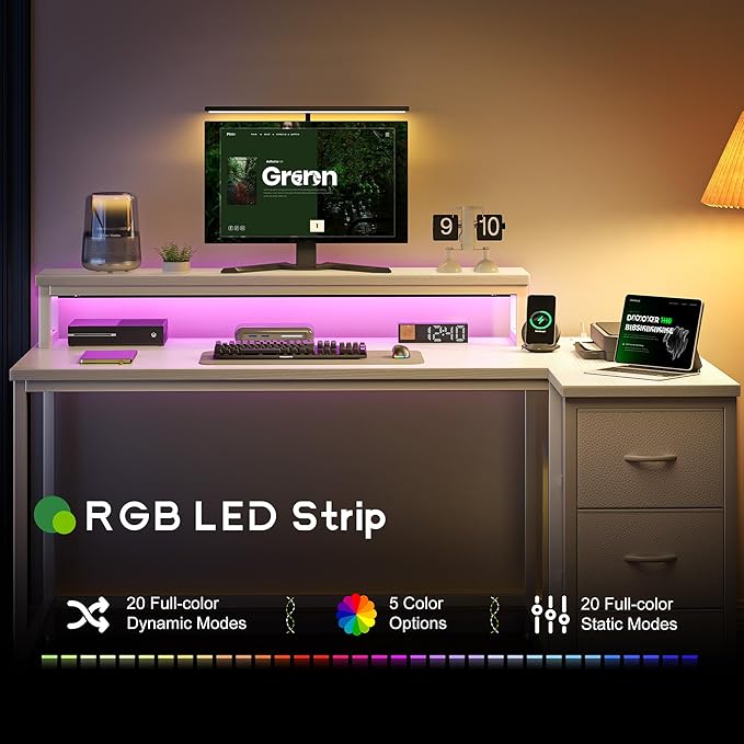EnHomee 48" Reversible L-Shaped Computer Desk with 40-Mode RGB LED,3AC &1 Type-C Charging Station, 3 Drawers, 35.4''Monitor Riser, White Desk for Gaming, Home Office, Bedroom, Study Room,Vanity, White