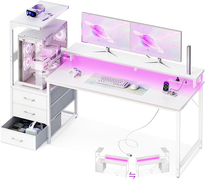 Casaottima 59 Inch Gaming Desk with USB Charging Ports & LED Light - Reversible Computer Desk with 3 Fabric Drawers, Monitor Stand, CPU Stand, Modern Office Desk, White