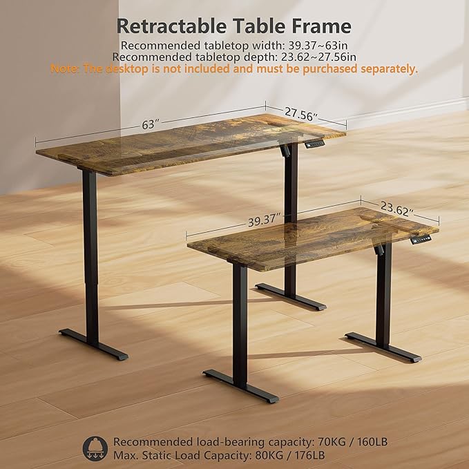 Electric Standing Desk Legs Only, Height Adjustable from 27.3" to 46.2", Standing Desk Frame for 40'' to 63'' Desktop, Sit Stand Desk Base with 4 Memory Presets for Home Office Work (Black)