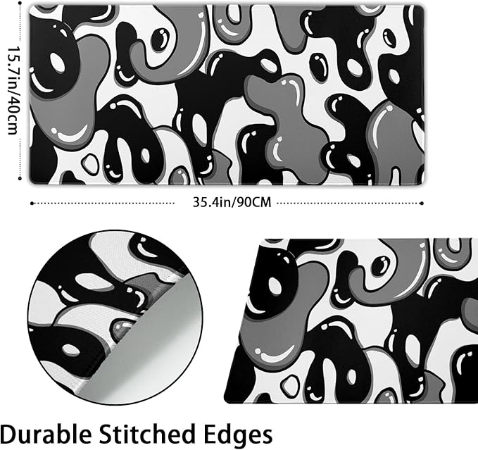 Black White Geometric Japanese Mouse Pad Desk Mat 35.4" x 15.7" Abstract Extended Large Gaming Mouse Pad Black and White Non-Slip Base Stitched Edge Long Computer Keyboard Mat for Home Office Work