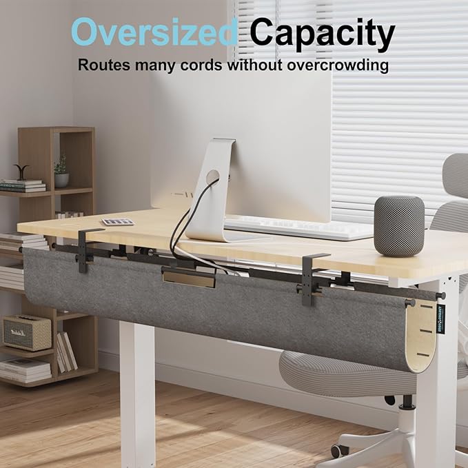 No Drill Under Desk Cable Management Tray, 45.2" Felt Cord Organizer for Table, Clamp/Screw Mount Wire Management with Privacy Panel for Standing Desk & Home Office (Gray/Khak)