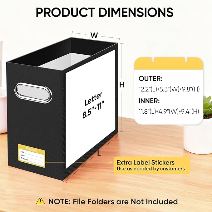 BALEINE File Organizer Box, Cardboard File Folder Organizer with Handle for Letter Size, Portable Collapsible Hanging Filing Box for Home Office Document Storage (1 Pack, Black)