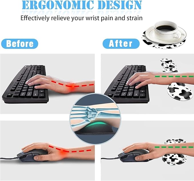 Ergonomic Mouse Pad Set with Wrist Support for Keyboard and Wrist Rest for Mouse, Memory Foam Comfort, Non-Slip Large Desk Mat for Home Office Pain Relief,Cow Print