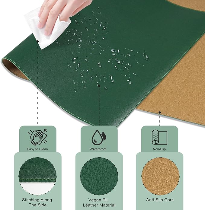 Non Slip Desk Mat, 31.5" x 15.7" PU Leather Desk Pad, Cork Desk Mat for Desktop, Desk Pad for Keyboard and Mouse, Ideal for Office and Home, Dark Green