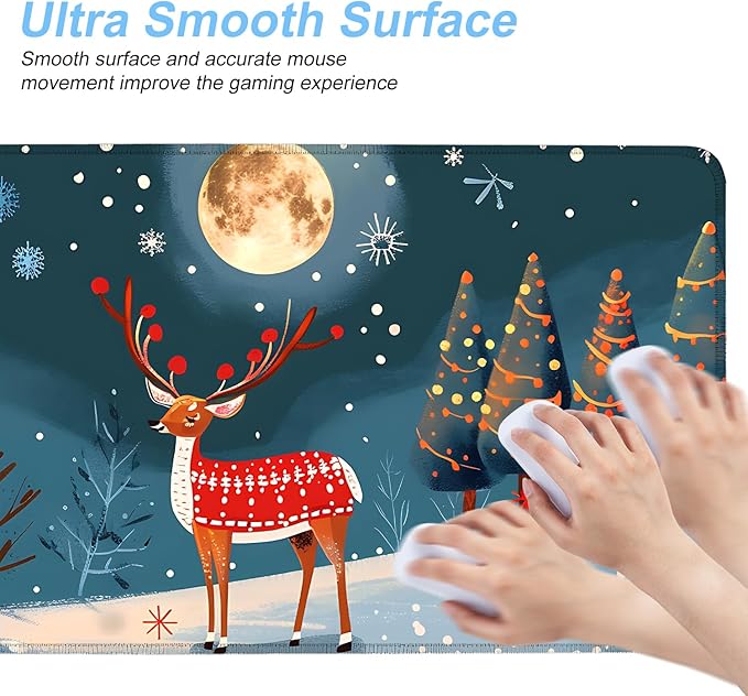 Christmas Reindeer Mouse Pad– Large Extended Desk Mat with Holiday Winter Snow Scene, Non-Slip Base Keyboard Pad for Home Office, Gaming, Workstation,31.5 x 11.8 in