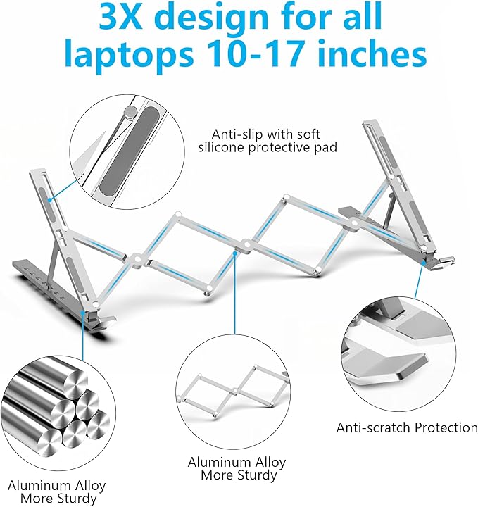 Laptop Stand for Desk, Adjustable 7-Level Aluminum Riser, Ergonomic Notebook Holder, Portable Foldable Laptop Stands Travel for 10-17” Laptops, MacBook, Notebook (Silver)