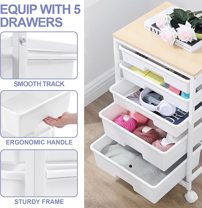 SYKIARIOL Utility Cart with 5 Drawers,Storage Drawer Cart with Wooden Tabletop and Lockable Wheels,Craft Storage Trolley Cart,5-Tier Rolling Utility Cart on Wheels,Bright White
