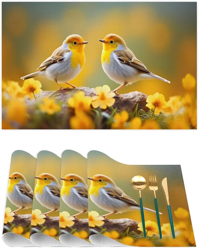 Placemats Set of 4 Heat-Resistant Rectangle Place Mats Cute Bird Yellow Washable Plastic PVC Dining Table Mat Non-Slip Wipeable Woven Vinyl Placemat for Kitchen Patio Table Decor