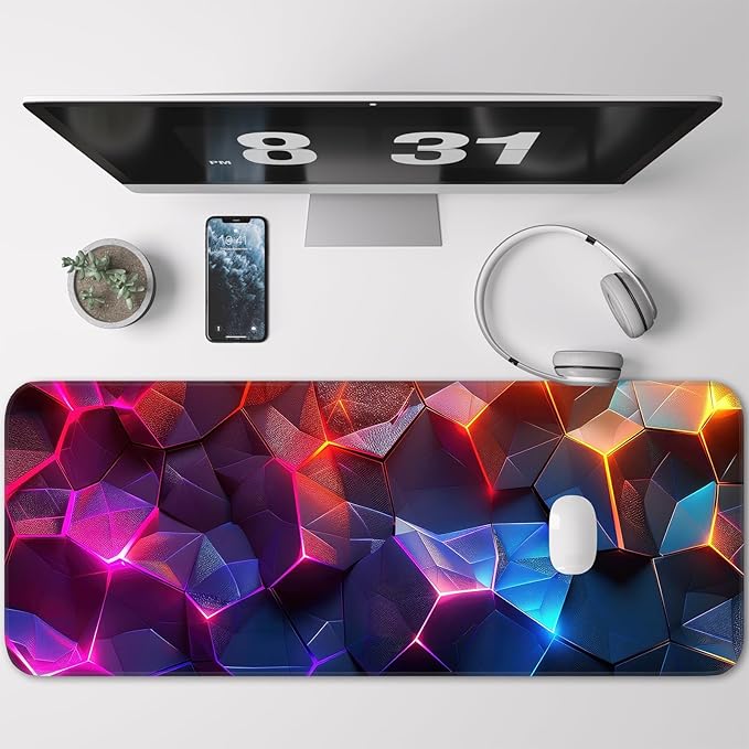 Gaming Mouse Pad, Geometric Design, Non-Slip Rubber Bottom, Stitched Edges, for Home, Office, Gaming, 31.5 x 11.8 Inch Full Desktop Large Mouse Pad for Gamers