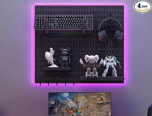 12 * 12in Pegboard Set, DIY Pegboard Combo Kit, Wall-Mounted Storage Organizer, Includes 4 pegboards and 18 Accessories, Suitable for Office, Gaming Room, Kitchen, and Decorative Display (Black)