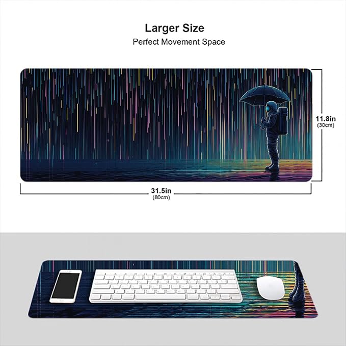 Funny Astronaut Gaming Mouse Pad Vertical Meteor Shower Rain Extended Mousepad Waterproof Stitched Edges Rubber Base Non-Slip Deskmap Computer Keyboard Mat 31.5x11.8 Inch
