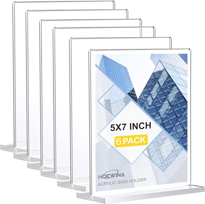 Acrylic Sign Holder 5 x 7 Inch 6 Pack - acrylic display stands for Store table sign holder - Vertical Double-Sided Acrylic Stands, Vendor Booth Display Items - Flyer Holder & Plastic Paper Holder - Acrylic Frame for Restaurants, Office, Home, Store