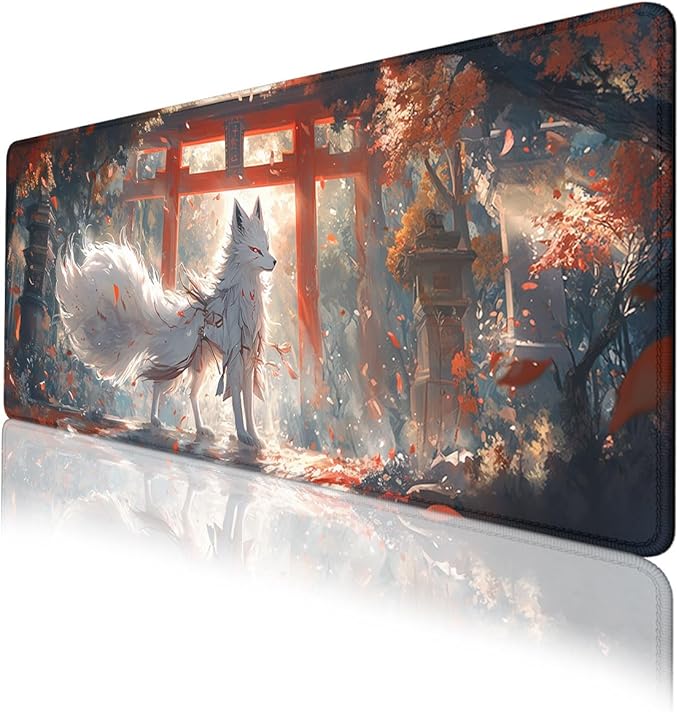 White Fox Gaming Mouse Pad Japan Shrine Cherry Blossoms Sunlight Extended Keyboard Mouse Mat for Computer Office, Big Laptop Mouse pad, Gaming Pc 31.5x11.8 in