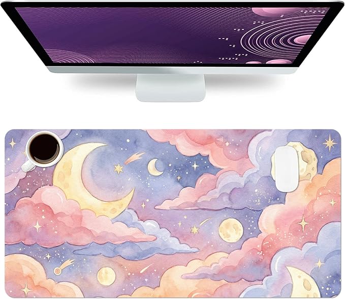 Cute Desk Mat, Pink Clouds Large Mouse Pad for Desktop, PU Leather Waterproof Desk Pad, Anti-Slip Computer PC Laptop Protector Gaming Mouse Pads for Office Home Decorations (27.5" x 13.8")