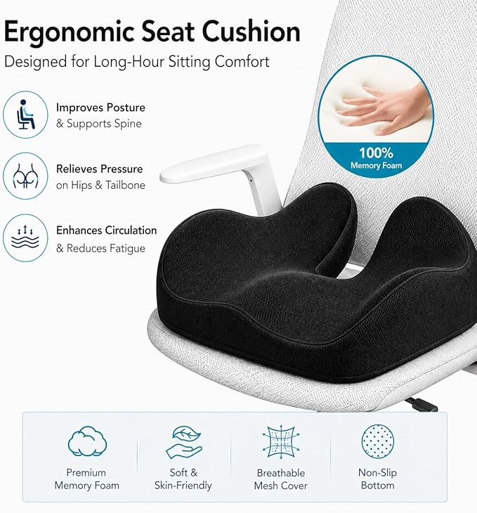 CXC Cooling Gel Seat Pad – Ergonomic Memory Foam Office Chair Cushion with Breathable Mesh & Airflow Design, Tailbone Relief Support for Long Sitting, Truck Drivers & Wheelchair Users