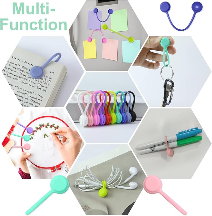 Motiloo Reusable Magnetic Cable Ties, 30 Pcs Strong Snap on Magnetic Cord Ties, Silicone Magnet Twist Tie (10 Colors-30 Pack)