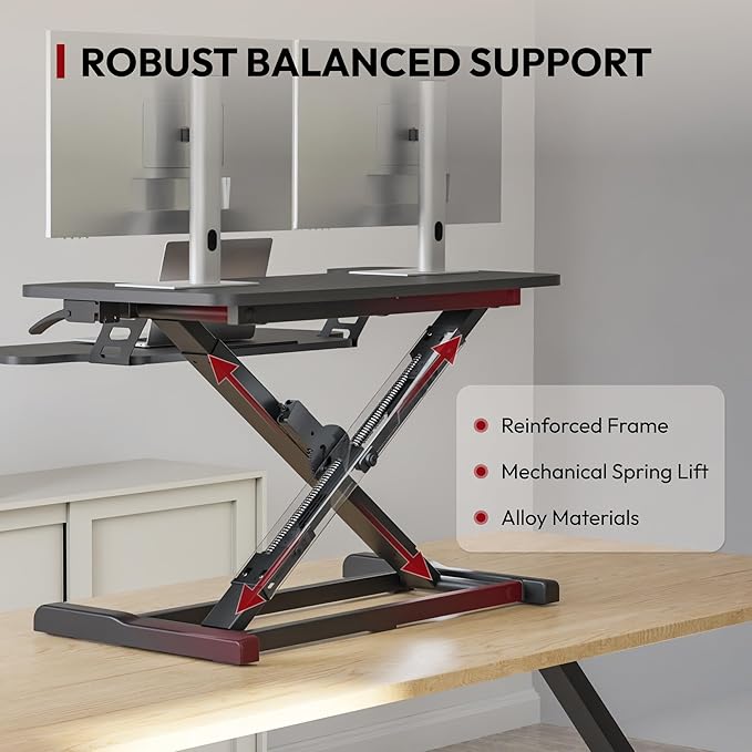 SANODESK 32" Height Adjustable Standing Desk Converter, Desk Riser Sit Stand Workstation for Home Office Laptop & Dual Monitor Setup, Ergonomic Lift Platform, Black