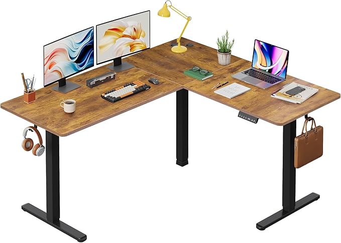 DEVAISE 63 Inch L Shaped Electric Standing Desk, 3 Adjustable Computer Desk for Home Office, Sit to Stand Desk with LED Touchscreen，Headphone Hook, 3 Memory Preset, with Split Top, Rustic Brown