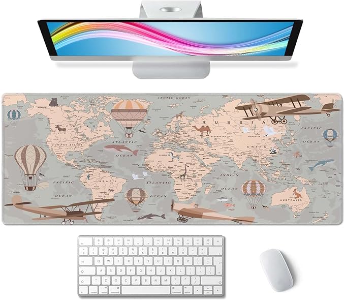 Mouse Pad Gaming, Large Mouse Pads, Non-Slip Rubber Base Mousepad, Keyboard Mouse Mat Desk Pad with Stitched Edges, 31.5x11.8 inch Retro World Map with Balloons and Animals