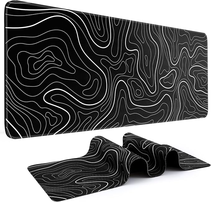 DIGSOM Mouse Pad Gaming Mousepad 31.5 x 11.8in Large Mouse Pad for Keyboard and Mouse with Anti-Slip Rubber Base, Keyboard Pad XL Mouse Mat for Home and Office（Black with White Topographic Line）