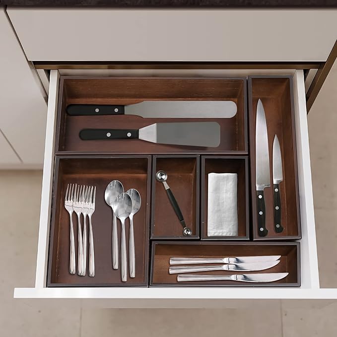 PRATIQUE Bamboo Drawer Organizer - Kitchen Utensil Organizer Silverware Tray Cutlery Holder，Office Desk Supplies and Accessories,15 * 5.9 * 2.6,Nut-brown