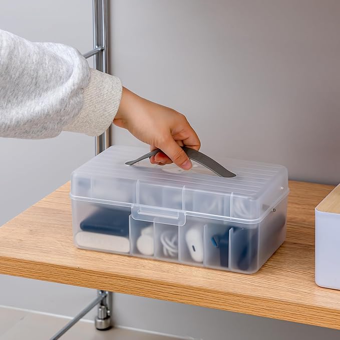 Vidifor Large Cable Organizer Box with 20 Cable Ties, Portable Cord, Charger and Bandages Storage for Drawer, Desk, Office & Home (White)