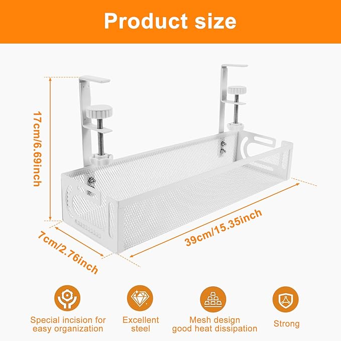 Under Desk Cable Management Tray, No Drill Cable Rack with Clamp Mount, 15" Mesh Wire Management Tray, Metal Under Desk Wire & Cord Organizer for Office Home Cord Hider (White)