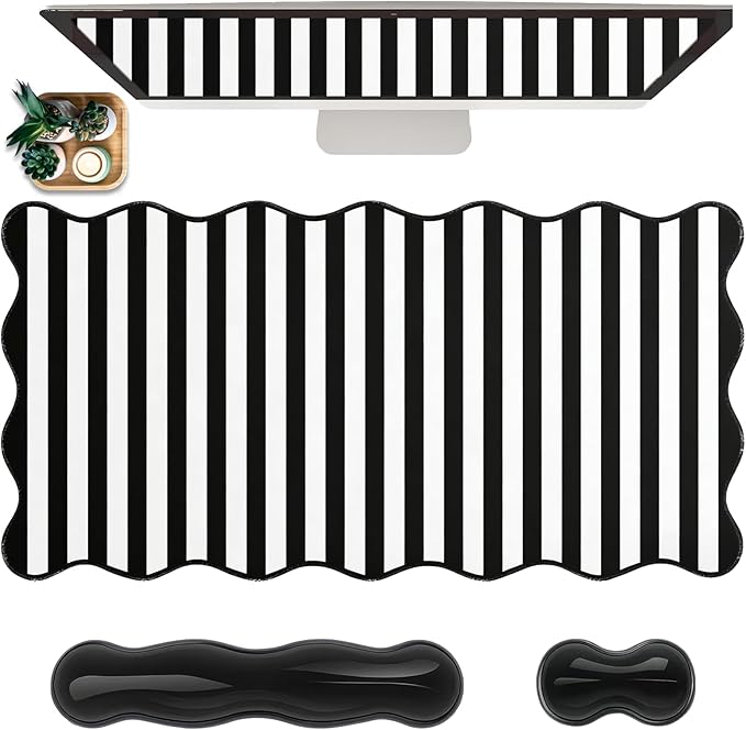 Scalloped Desk Mat with Gel Wrist Rest for Keyboard and Mouse Extended Cute Black and White Mouse Pad Striped Mousepad Stripe Desk Pad Mouse Wrist Support forComputer Laptop Home Office 31.5X15.7Inch