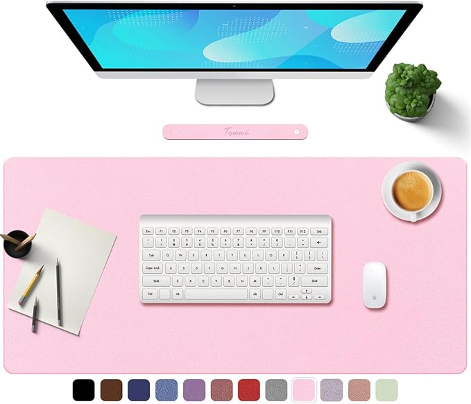 TOWWI PU Leather Desk Pad with Suede Base, Multi-Color Non-Slip Mouse Pad, 24” x 14” Waterproof Desk Writing Mat, Large Desk Blotter Protector (Light Pink)