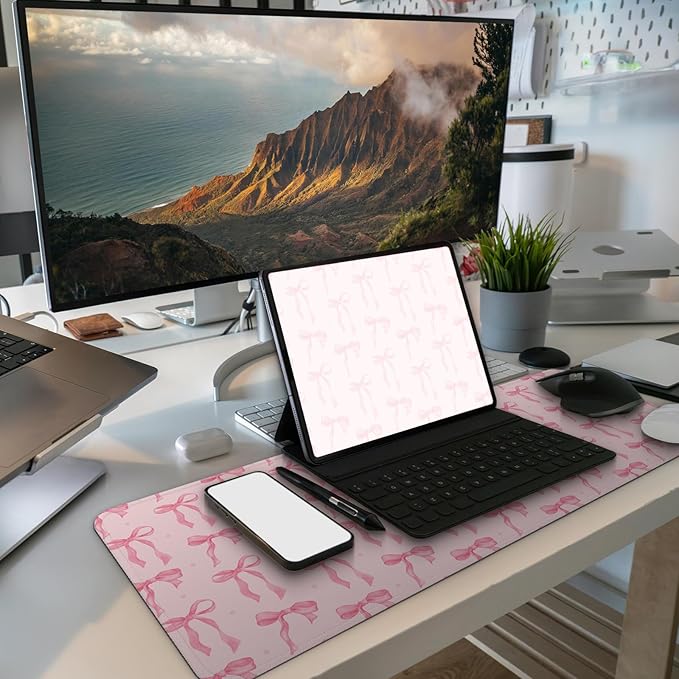 MAY FLOWER Gaming Mouse pad, Large Laptop Mousepad, Full Keyboard Mat, Long Computer Mouse Mat for Home and Office, Anti-Slip Rubber Base, 31.5 x 11.8 Inches (Pink Checkered)