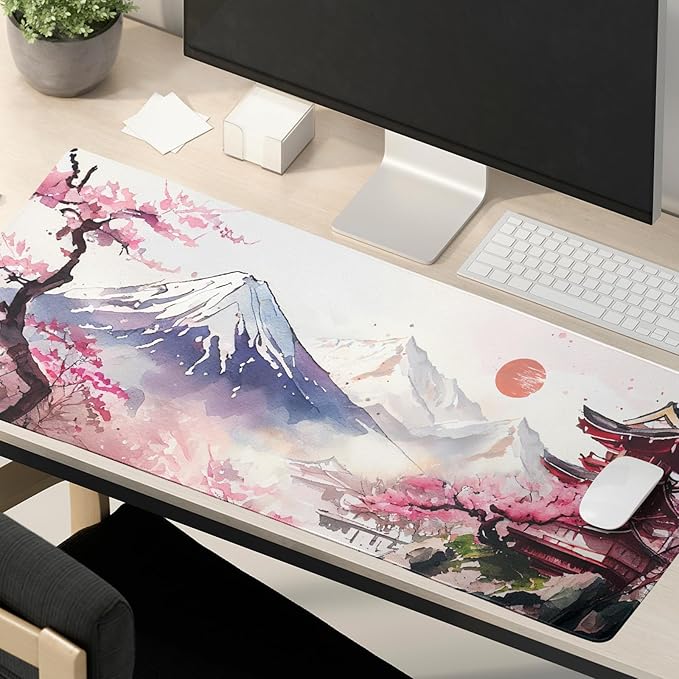 Japanese Cherry Blossom White Gaming Mouse Pad XXL Extended Large Mouse Mat Desk Pad Nonslip Rubber Base Long Computer Keyboard Desk Mat for Gaming Laptop Desktop 35.4 x 15.7 Inch