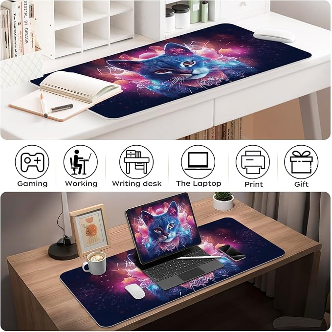 Leather Desk Mat 35.4" x 15.7", Desk Pad for Computer or Laptop, Computer Mat Mouse Pad for Keyboard or Mouse, Large Desk Mat for School, Office, Home (35.4" x 15.7", Cat)