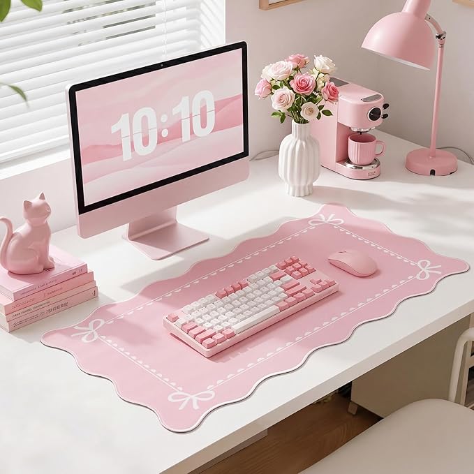Scalloped Bow Desk Mat Cute Coquette Large Mouse Pad Kawaii Cottagecore ‌Vintage‌ Rustic Keyboard Pad Nonslip 2026 Graduation Gift with Stitching Waterproof Gaming(Pink)