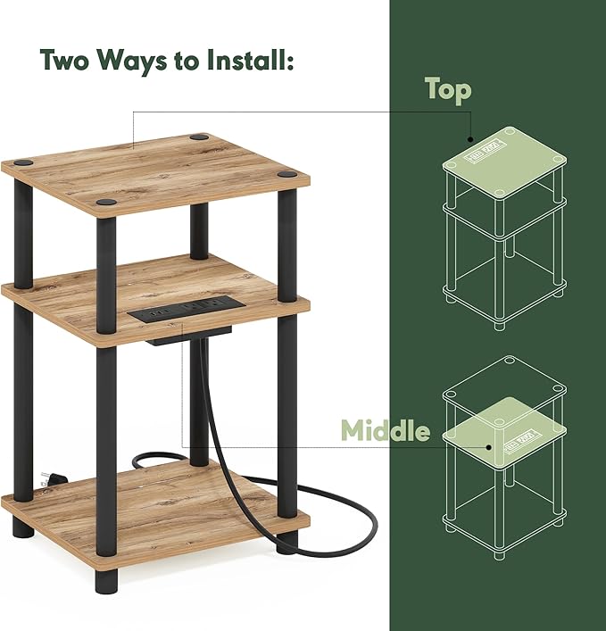Furinno Just 3-Tier Turn-N-Tube USB and Type-C Charging Port End Table with Open Storage, 11.42 (W) x 8.82 (H) x 6.77 (D) inches, Flagstaff Oak/Black