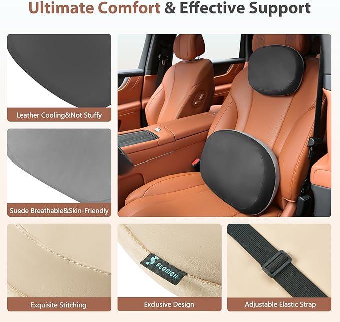 FLORICH Car Headrest and Lumbar Support Pillow for Car Office Chair, Double-Sided Skin-Friendly Suede & Leather Car Seat Pillow and Back Support, Pressure-Relieving Back Support for Car, Office Chair