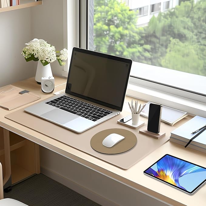 Leather Mouse Pad, Office Mouse Mat Non-Slip Rubber Base Stitched Edge Washable Waterproof Round Mousepad for Office Gaming PC Laptop, Round Diameter 8.7 inches, Apricot