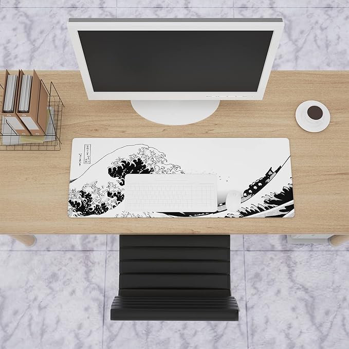 Ovenbird Gaming Mouse Pad with Stitched Edges, Japanese Wave Extended XL Mousepad with Anti-Slip Base, Cool Large Mouse Pad for Desk, 31.5 x 11.8 in, Black and White