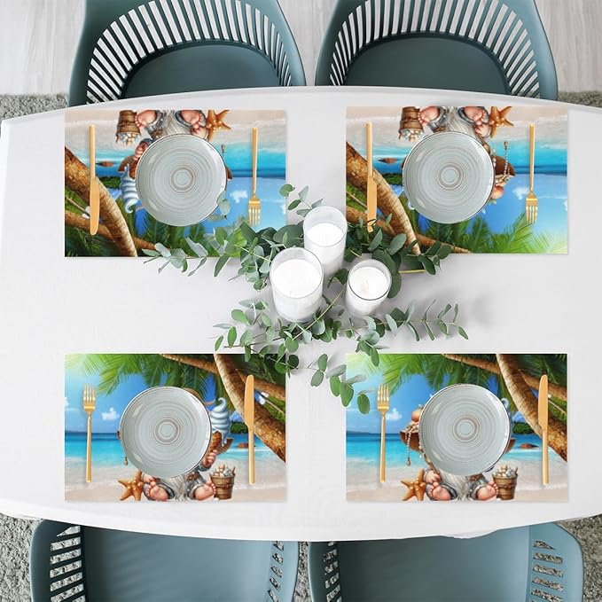 Placemats Set of 4 Heat-Resistant Rectangle Place Mats Beach Palm Gnomes Cute Washable Plastic PVC Dining Table Mat Non-Slip Wipeable Woven Vinyl Placemat for Kitchen Patio Table Decor