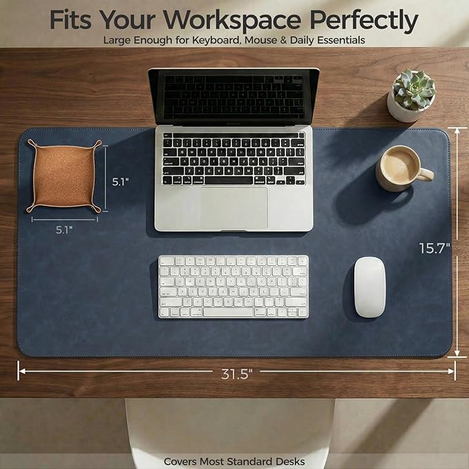 Premium Faux Leather Desk Mat & Tray Set，Innovative Cork-Look Printed Base，Gift Tube Packaging，Full-Desk Coverage，Non-Slip Desk Pad for Office Home（Navy Blue）